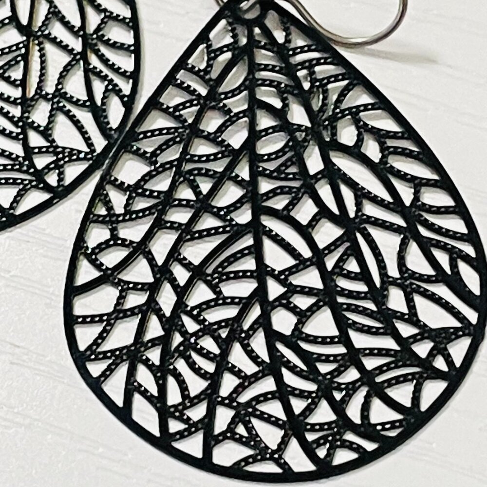 Black Cutout Teardrop Filigree Earrings Ultra Lightweight Bold Statement